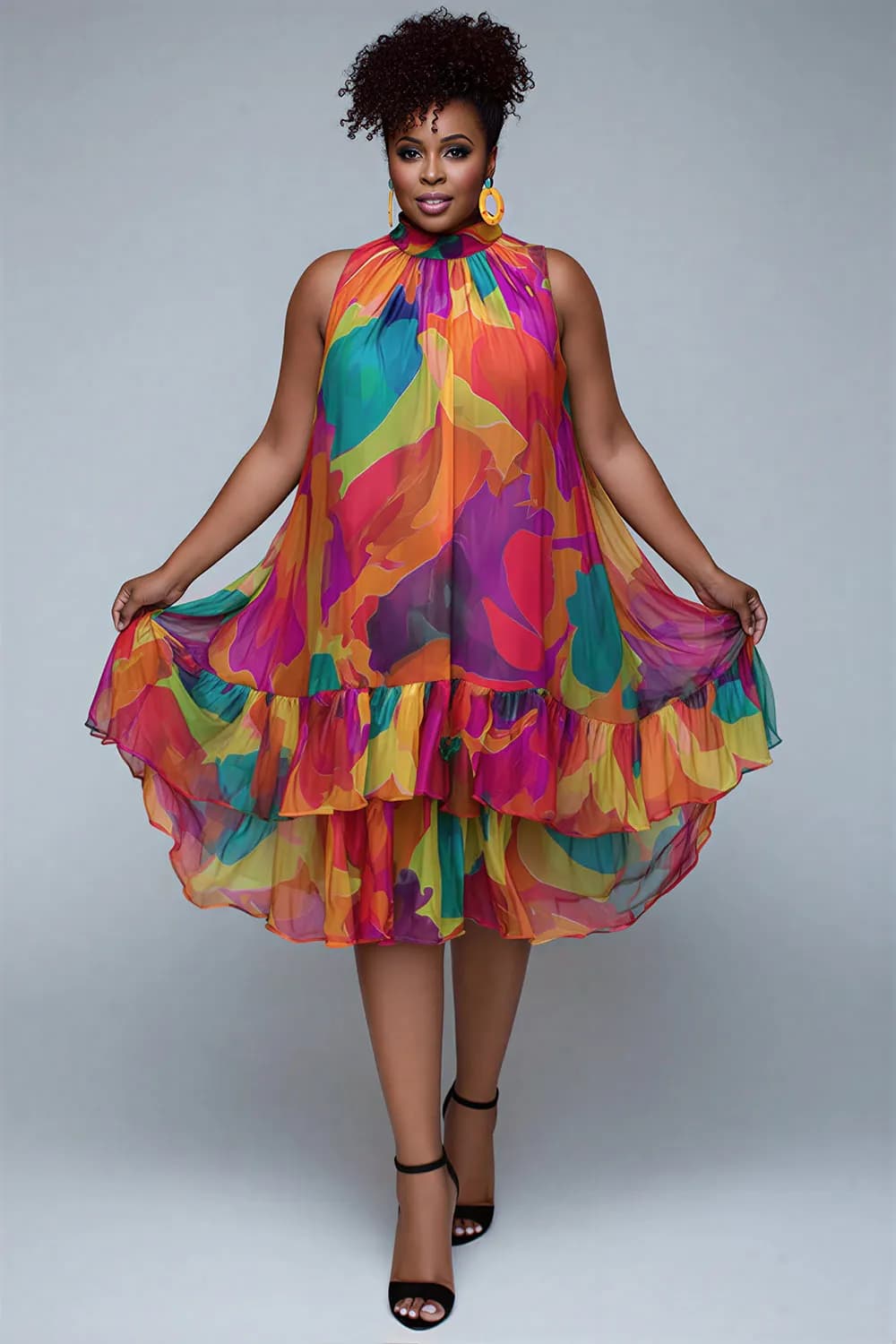 Xpluswear Design Plus Size Vacation Sundress Multicolor Graphic Halter Collar Ruffle Chiffon Midi Dresses Multicolor-XL/14-16
