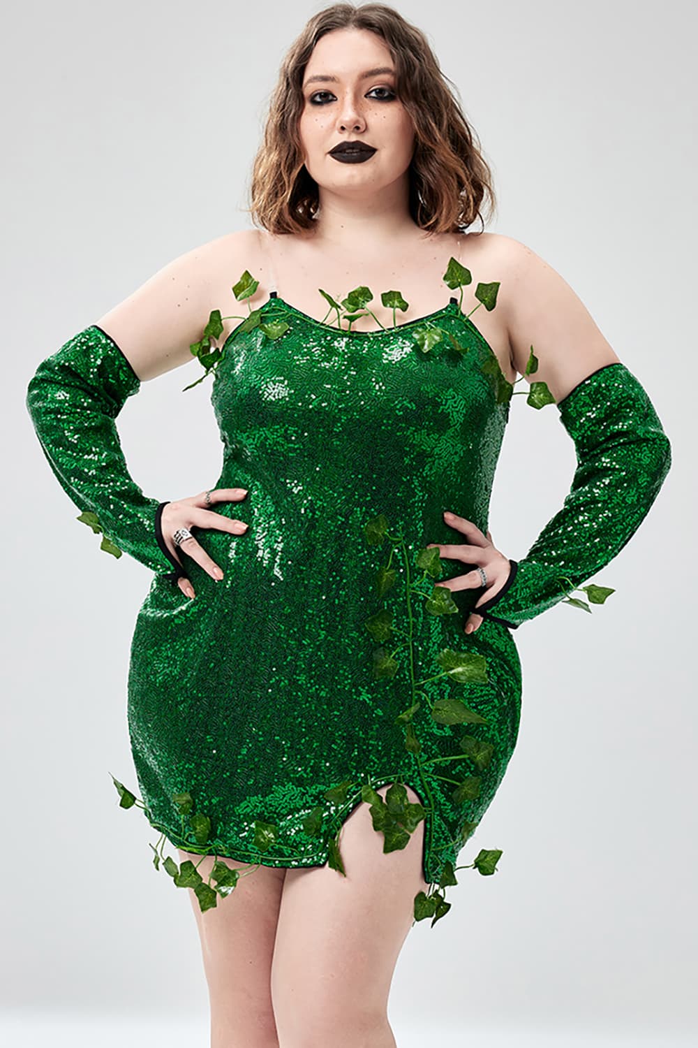 Xpluswear Design Plus Size Halloween Costumes Green Cosplay Sequin Strapless Mini Dress（Ships 24h） Green-L/10-12