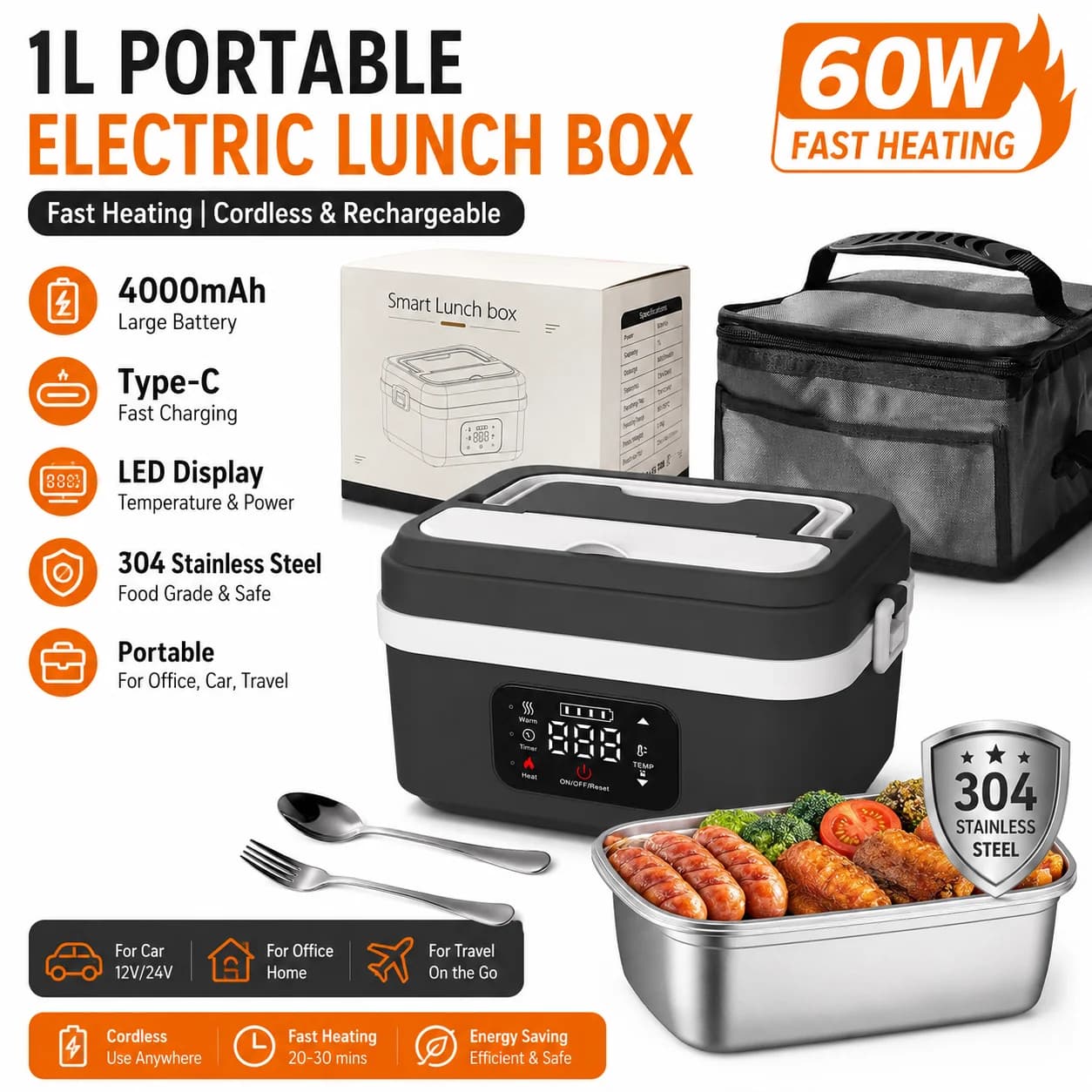 Scaldavivande Elettrico Portatile da 1L, 60W, Riscaldamento Rapido, Batteria da 4000mAh, Ricarica Type-C, Display LED, Contenitore Termico in Acciaio
