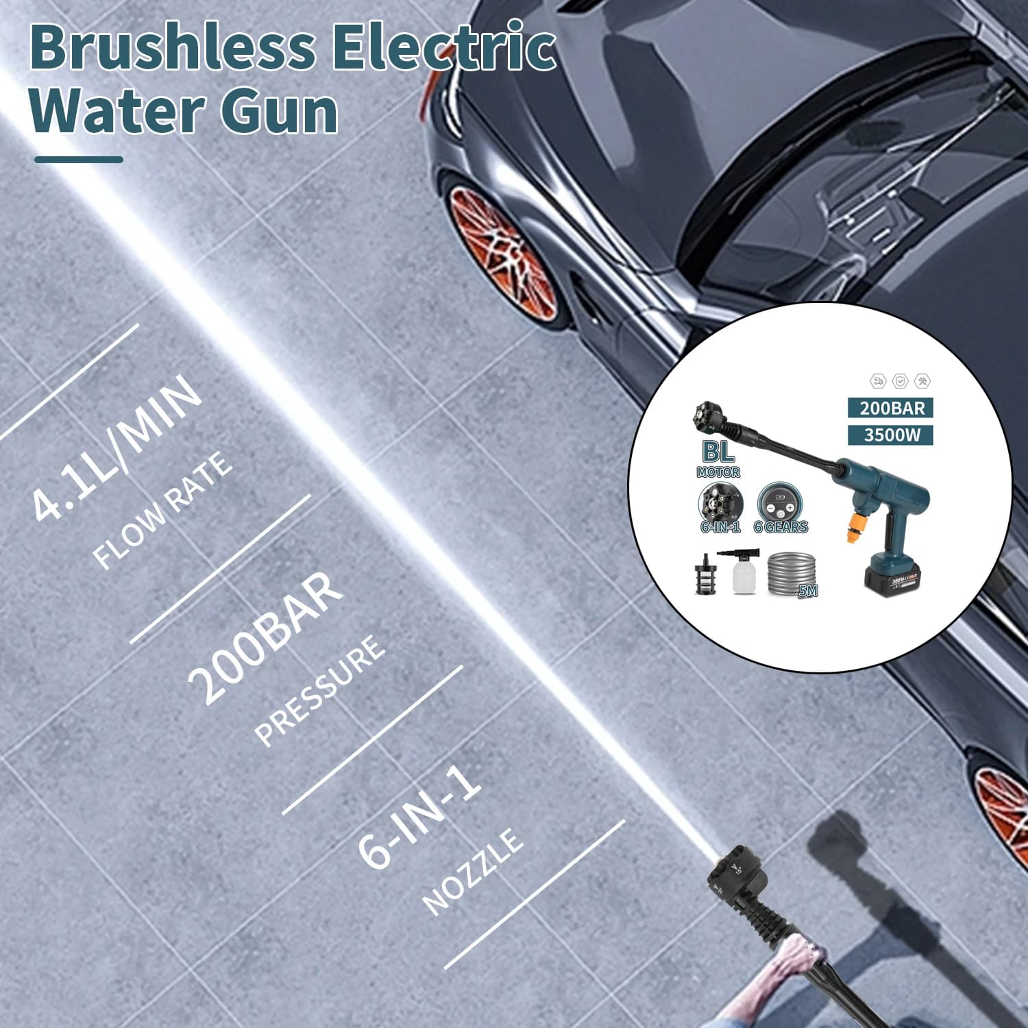 Idropulitrice a batteria da 200 bar, pistola a spruzzo ad alta pressione per lavaggio auto, macchina per la pulizia a pressione dell'acqua, strumento