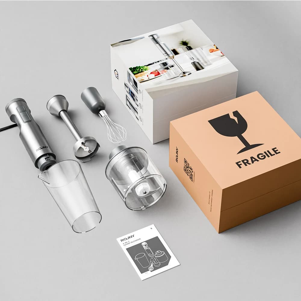 ROUNY Frullatore a Immersione Potente 1200W 4-in-1, Mixer a Immersione in Acciaio Inox a 14 Velocità, Bicchiere da 700ml e Tritatutto da 500ml,