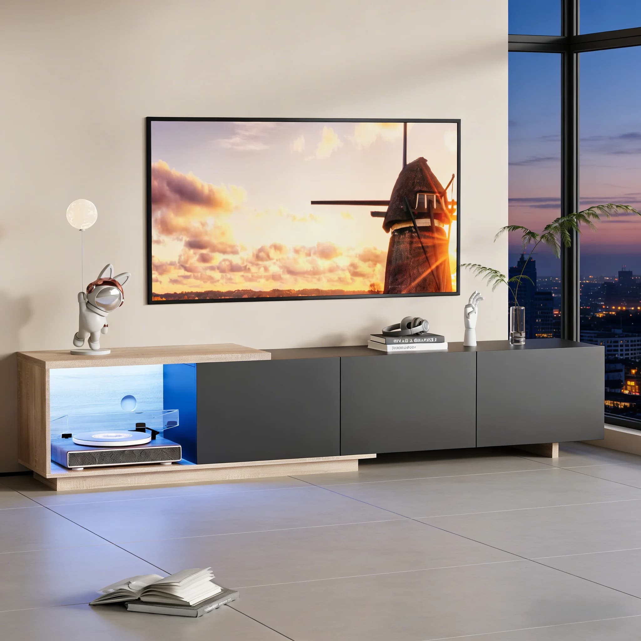 163/240*38*44cm, Mobile TV LED retrattile con funzione a induzione, moderno centro di intrattenimento, con scaffalature aperte