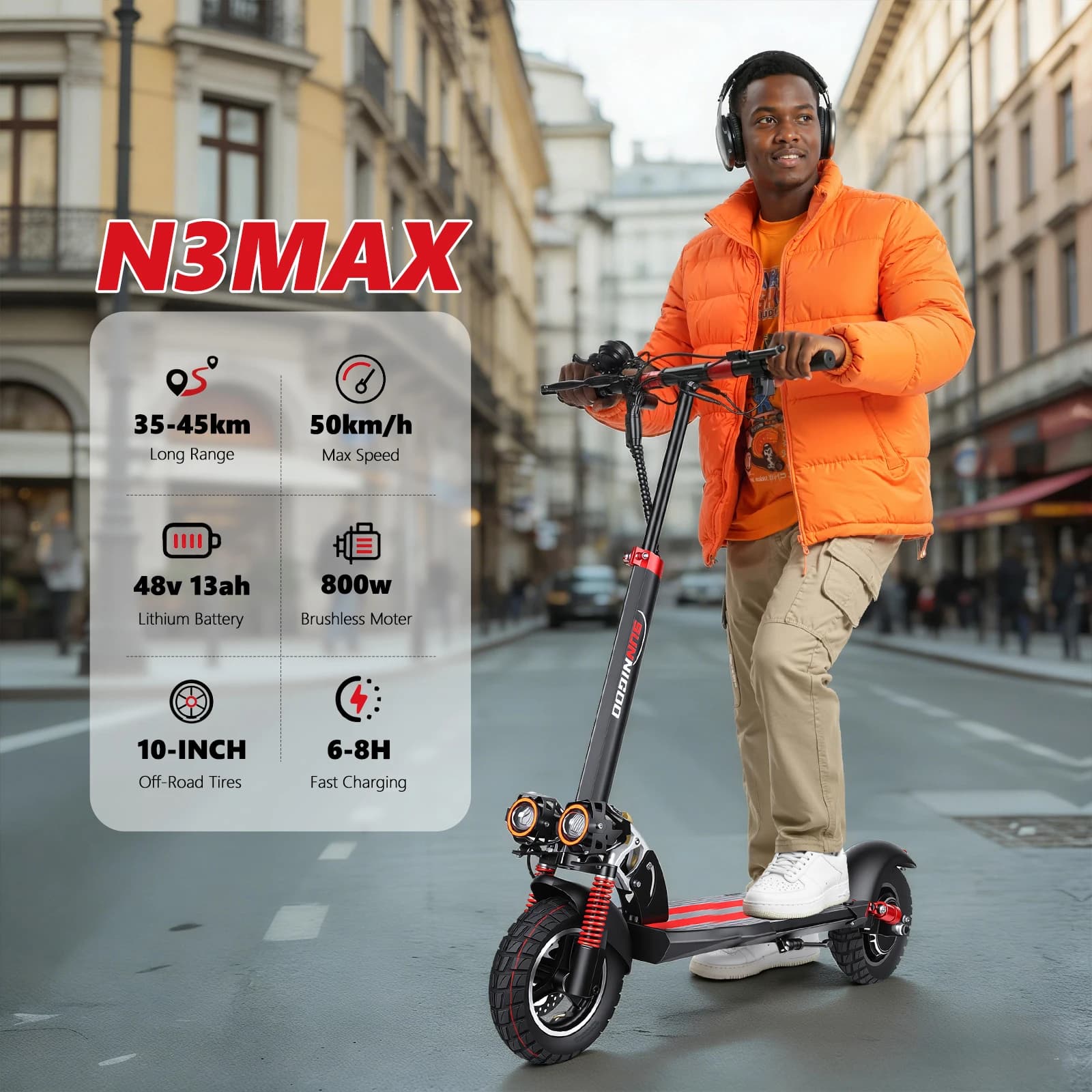 SUNNIGOO N3MAX 800W 48V Scooter elettrico 10 "Pneumatico fuoristrada Velocità massima 50KM/H Portata 35-45KM Doppio assorbimento degli urti Escooter