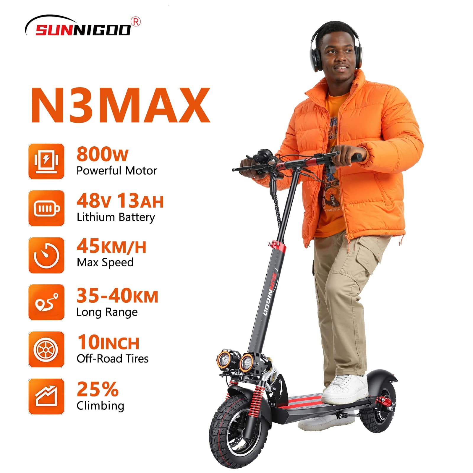 Monopattino elettrico SUNNIGOO per adulti, pneumatici da 10 pollici, motore da 800W, batteria 48V13AH, monopattino elettrico pieghevole da città, con