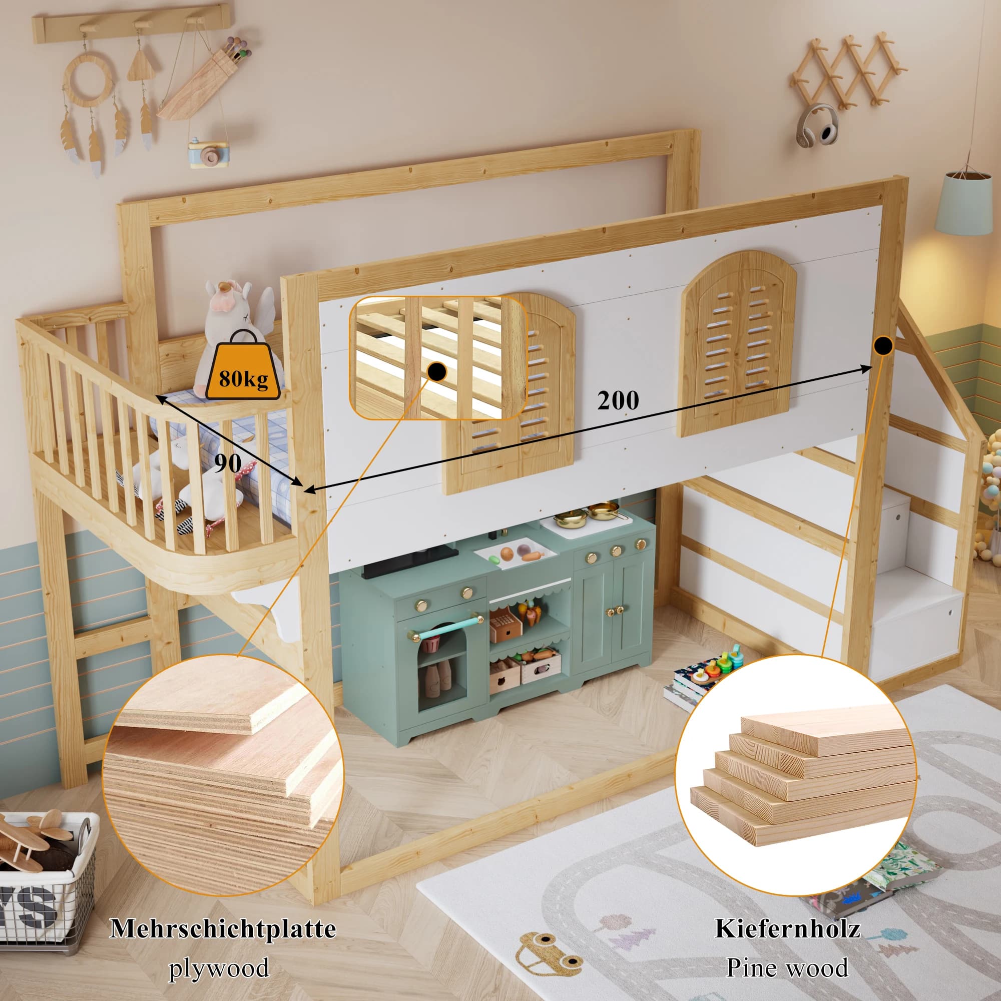 Letto a castello bambini legno massello con armadio scala, area gioco e finestra, struttura pino+MDF, sponda alta sicurezza, Naturale+Bianco, 90x200cm