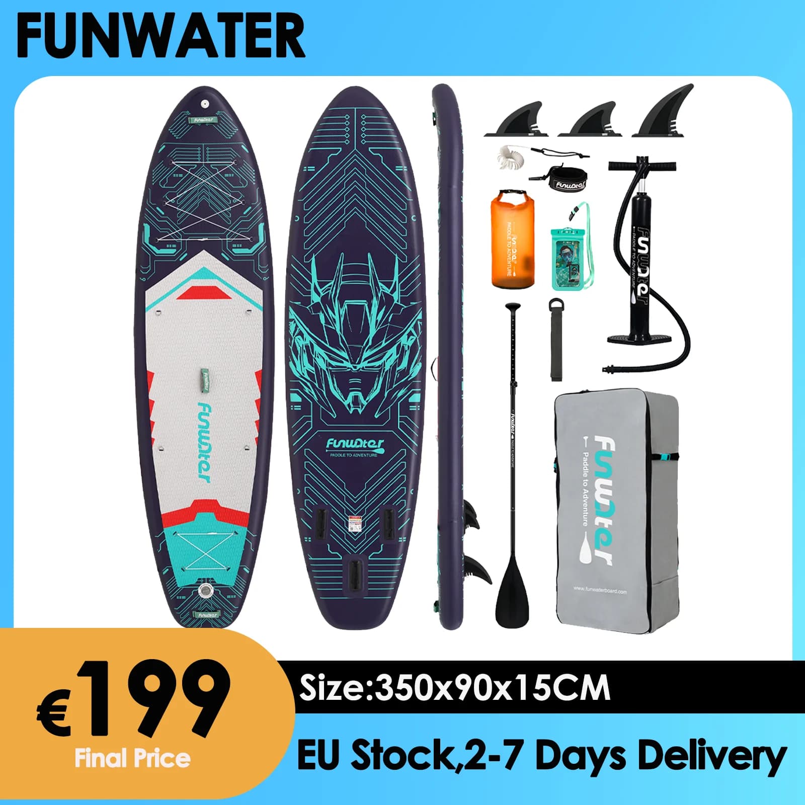 Tavola da Stand Up Paddle Gonfiabile FunWater Cruise 350x90x15CM, Super Tavola da Surf Antiscivolo per Sport Acquatici SUP con Accessori