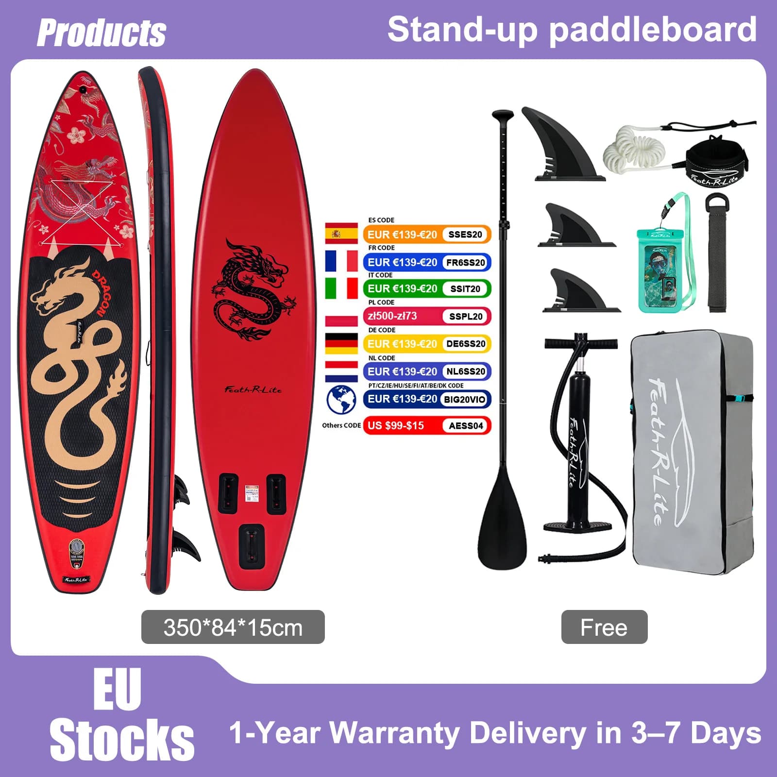 Tavola da Surf Gonfiabile Feath-R-Lite SUP 350*84*15cm, Tavola Resistente per Sport Acquatici, Stand Up Paddle Board con Accessori