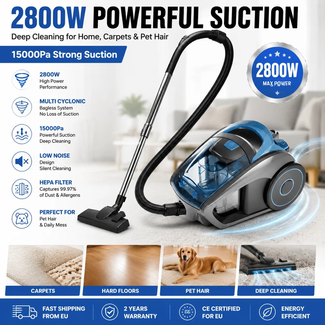 Aspirapolvere Ciclonico Senza Sacco da 2800W, Potente Aspirazione da 15000Pa, Aspirapolvere con Filo per Casa, Tappeti, Pavimenti Duri, Peli di