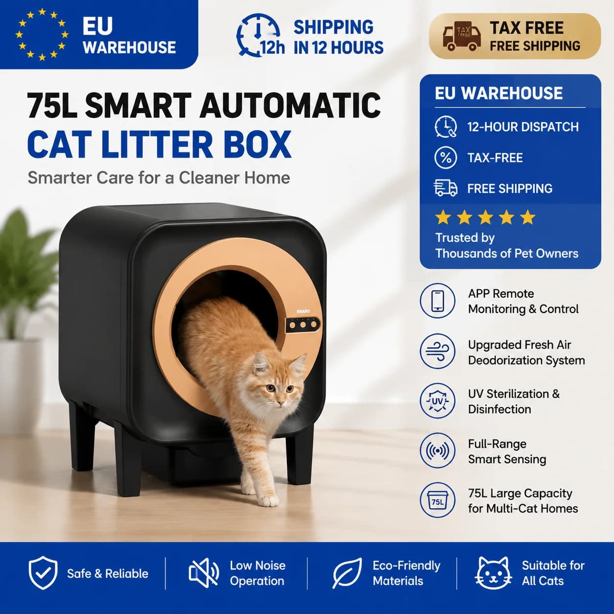 Lettiera Automatica Intelligente per Gatti da 75L con Controllo APP, Autopulente, Sterilizzazione UV, Spedizione Gratuita UE, Esente da Tasse
