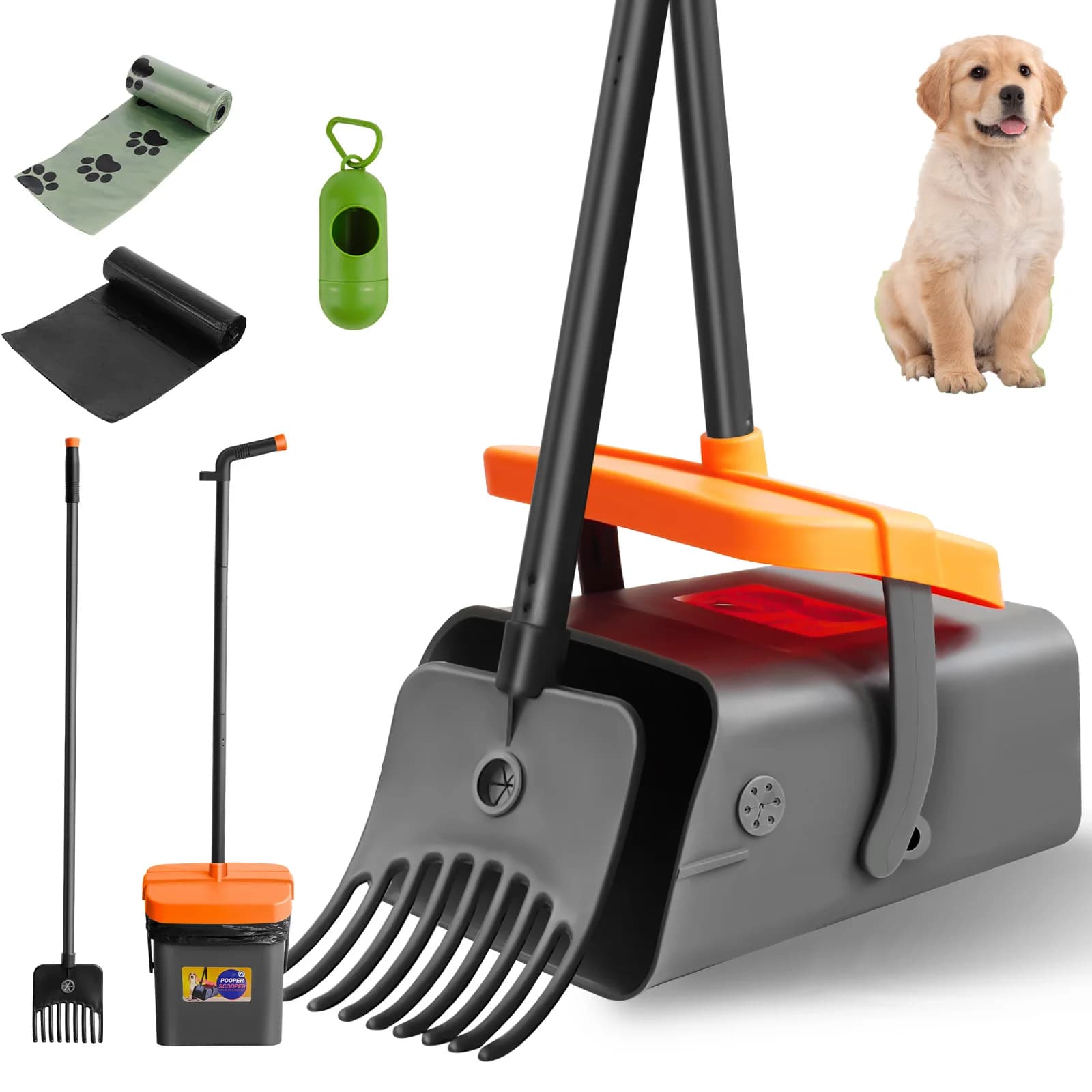 Raccoglitore di escrementi per cani, con contenitore girevole e dispenser per sacchetti igienici, 35 sacchetti inclusi, manico lungo 116 cm, paletta e