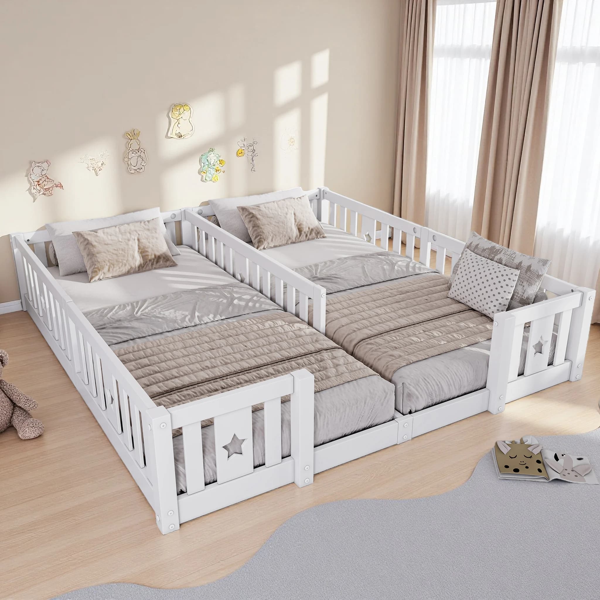 Letto doppio 2 in 1 per bambini a terra 180x, letto Montessori con barriere di sicurezza e protezione anticaduta, 2 posti