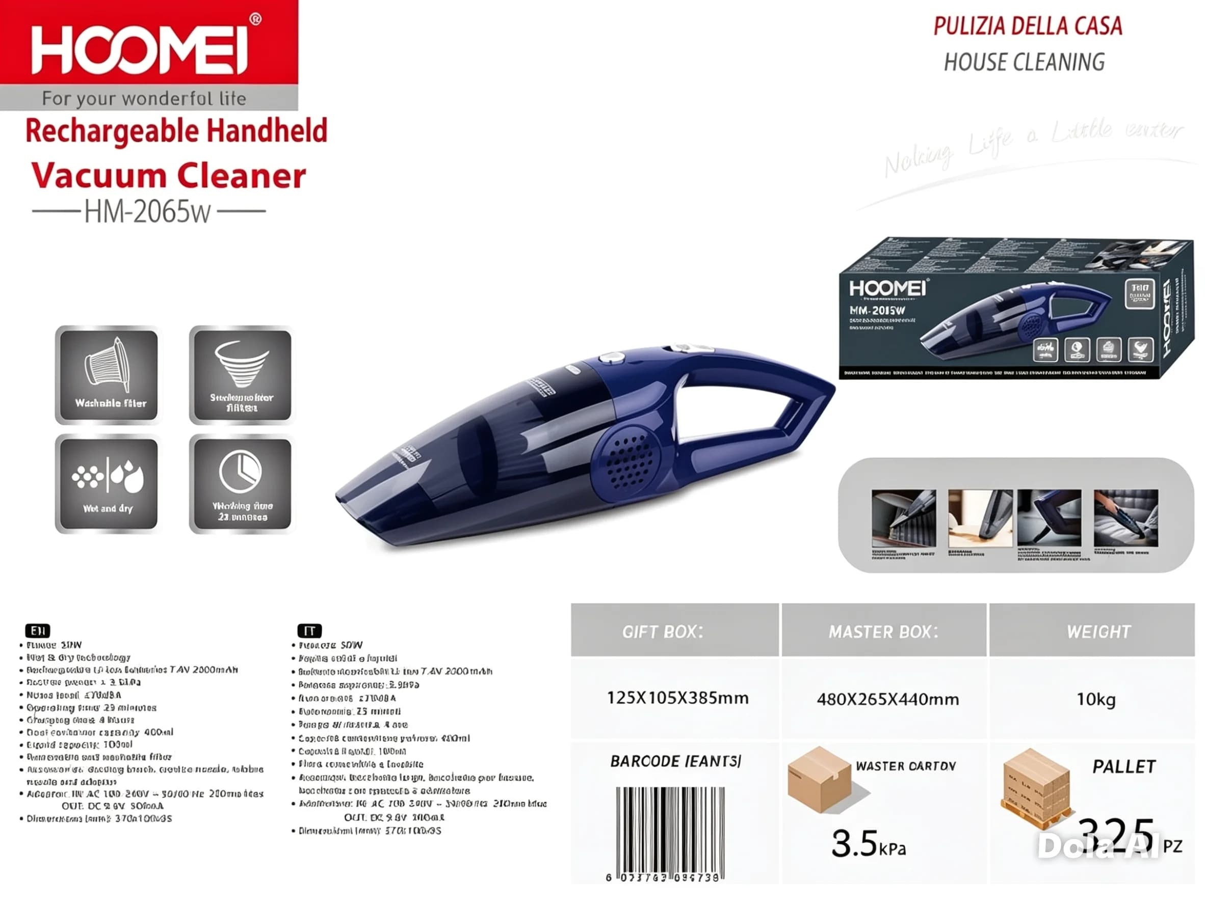 Aspirapolvere ricaricabile 50W HM-2065W Pulitore per Vuoto a Mano Ricaricabile