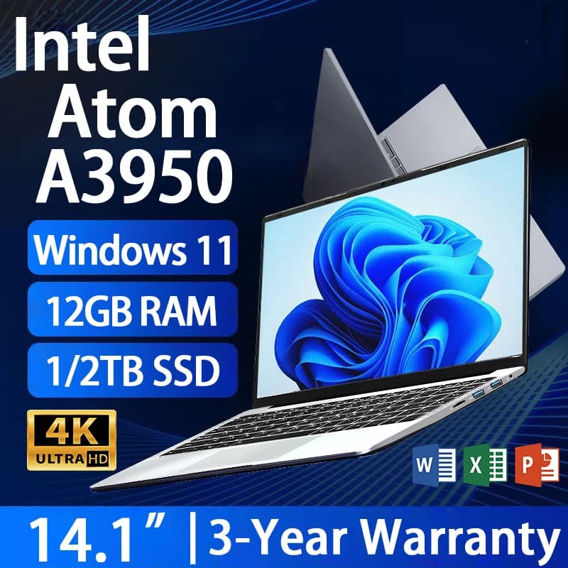 FUCHU Laptop Portatile con Intel Atom A3950, Schermo 14.1 Pollici, Windows 11, 12GB RAM, SSD da 1TB/2TB, PC per Ufficio, Studio e Gaming