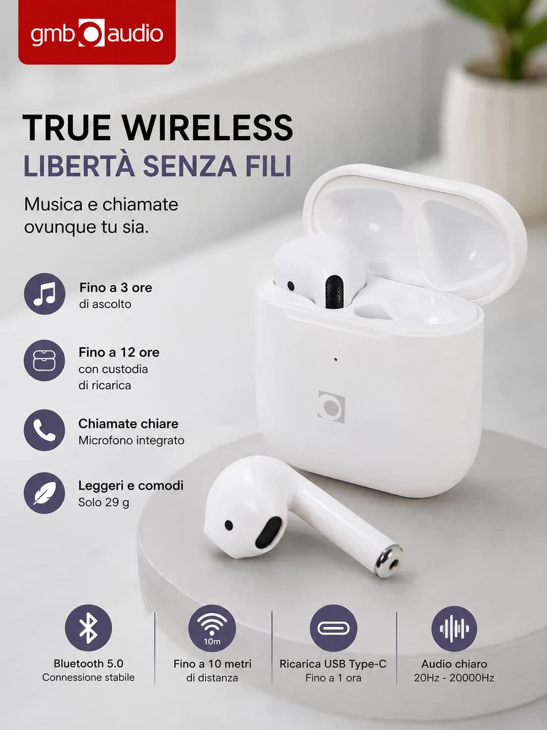 Auricolari Bluetooth TWS Wireless GMB Audio In-Ear Stereo HiFi con Custodia di Ricarica USB-C Microfono Integrato Cuffie True Wireless per Smartphone
