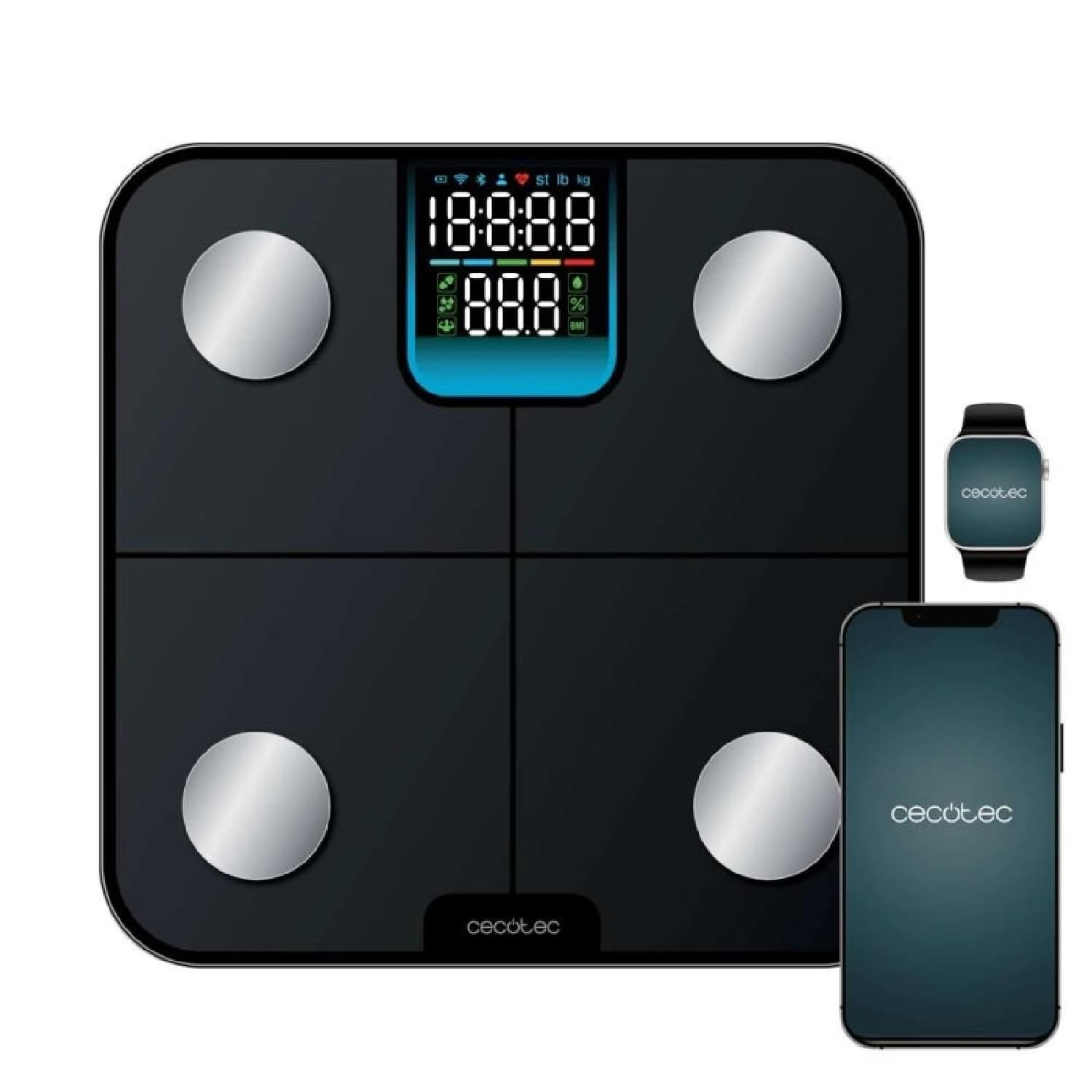 Bilancia da bagno intelligente Cecotec con app Surface Precision HealthySmart. Bluetooth e 25 parametri, dimensioni 28x28 cm