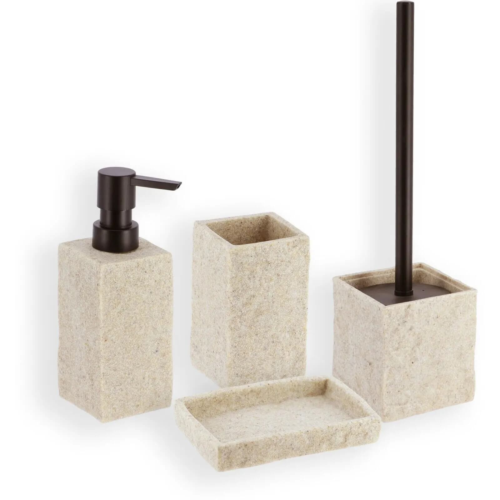 Dispenser di sapone per tazza di portasapone e portaspazzole effetto pietra per la tendenza della toilette del bagno