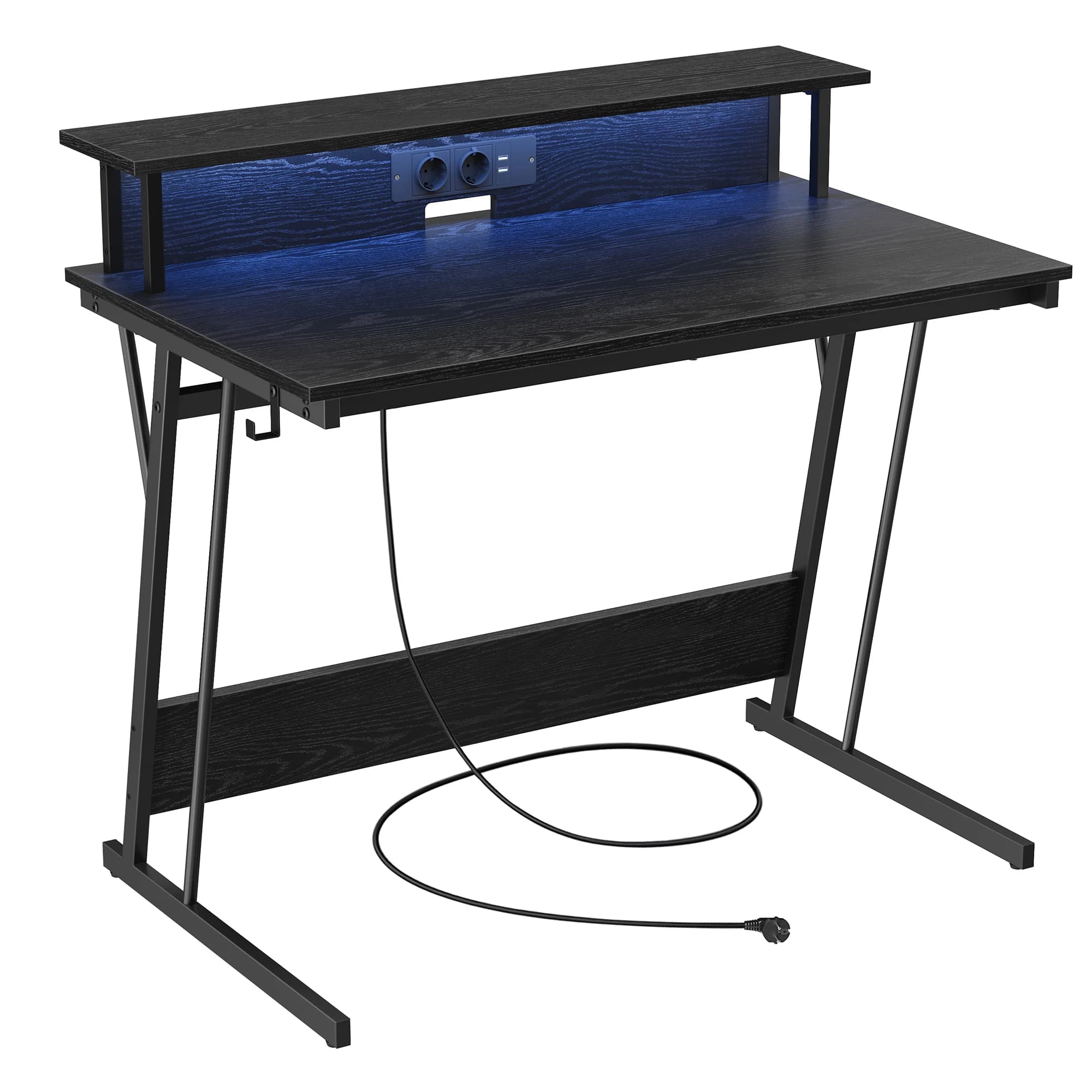 VASAGLE Scrivania da Gaming con Luci LED e Prese di Corrente Integrate, Scrivania con Ripiano per 2 Monitor, Tavolo per Ufficio o Camera da Letto, 60