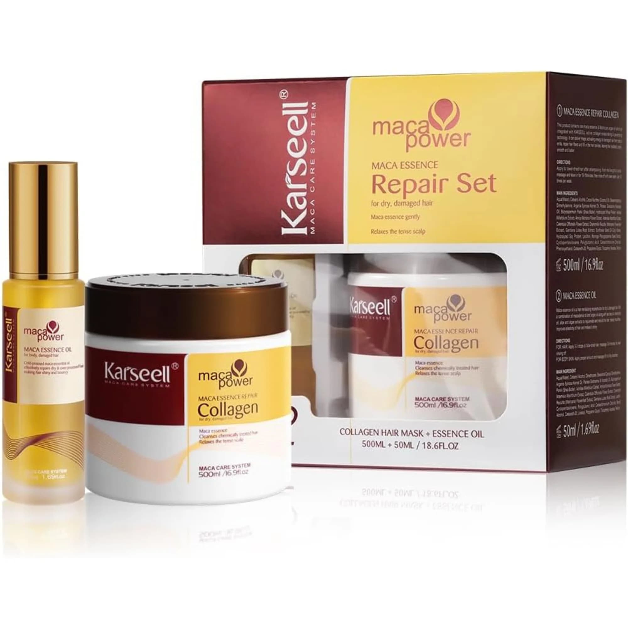 KARSEELL Maschera per capelli in confezione da 500 ml. + Olio di Argan per Capelli 50 ml. Balsamo Idratante Profondo per Capelli Secchi e Danneggiati
