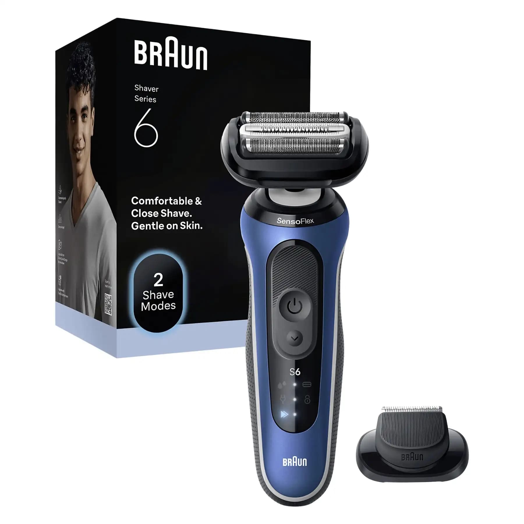 Rasoio elettrico Braun Serie 6. Adattamento del contorno 2D, 2 modalità di rasatura (turbo e soft), set completo di rifinitore, autonomia di 60