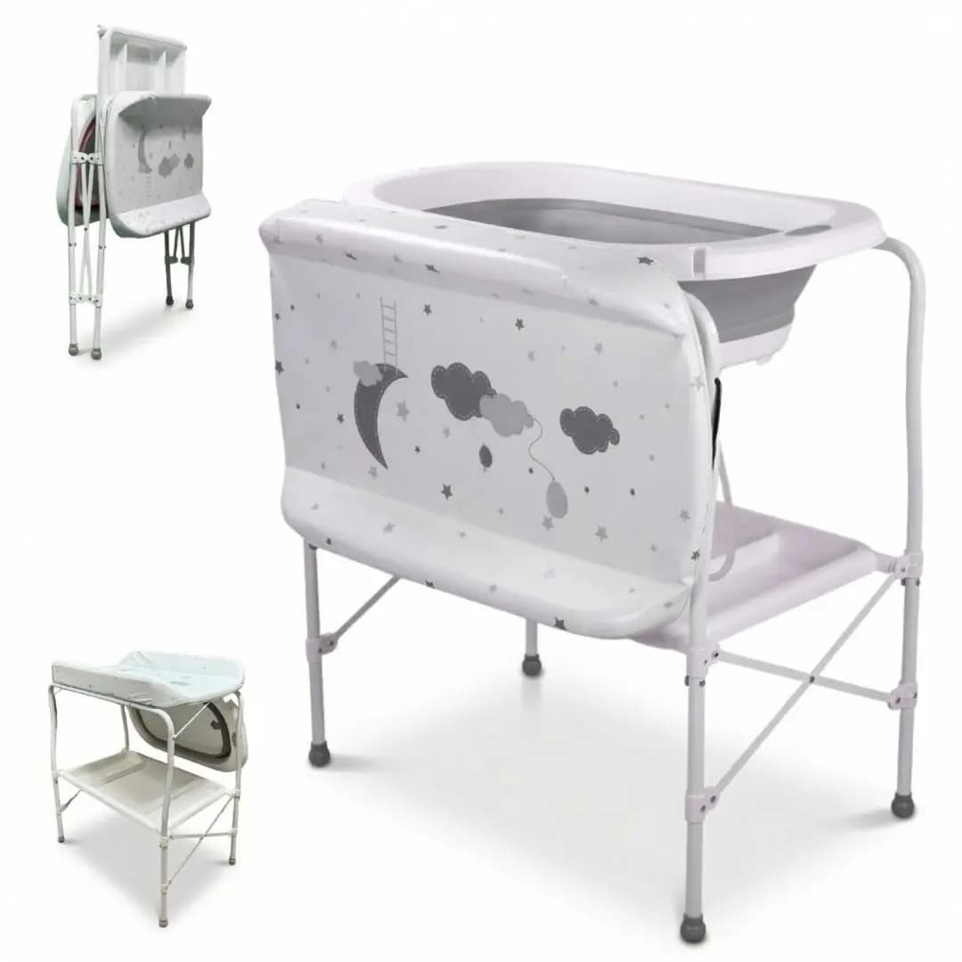 BATHBY Vasca da bagno multifunzionale per bambini 5 in 1 con gambe · Pieghevole con supporto · Fasciatoio · Vassoi organizer · Scarico con tubo e