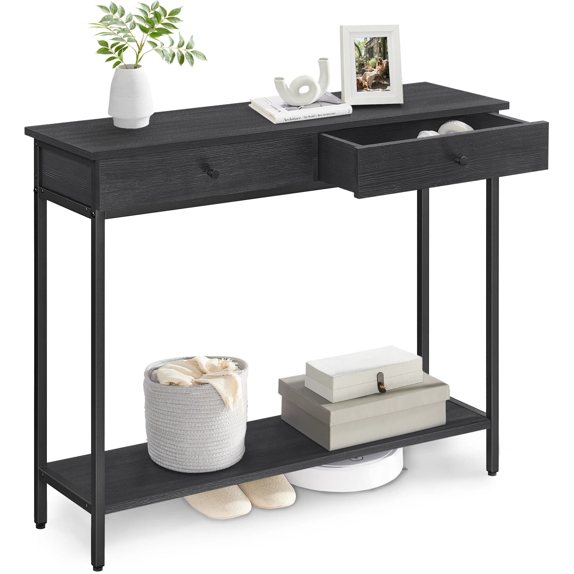 VASAGLE Tavolino Console, Tavolo da Ingresso, Tavolino da Divano con 2 Cassetti, Struttura in Acciaio, Stabile, per Corridoio, Camera da Letto,