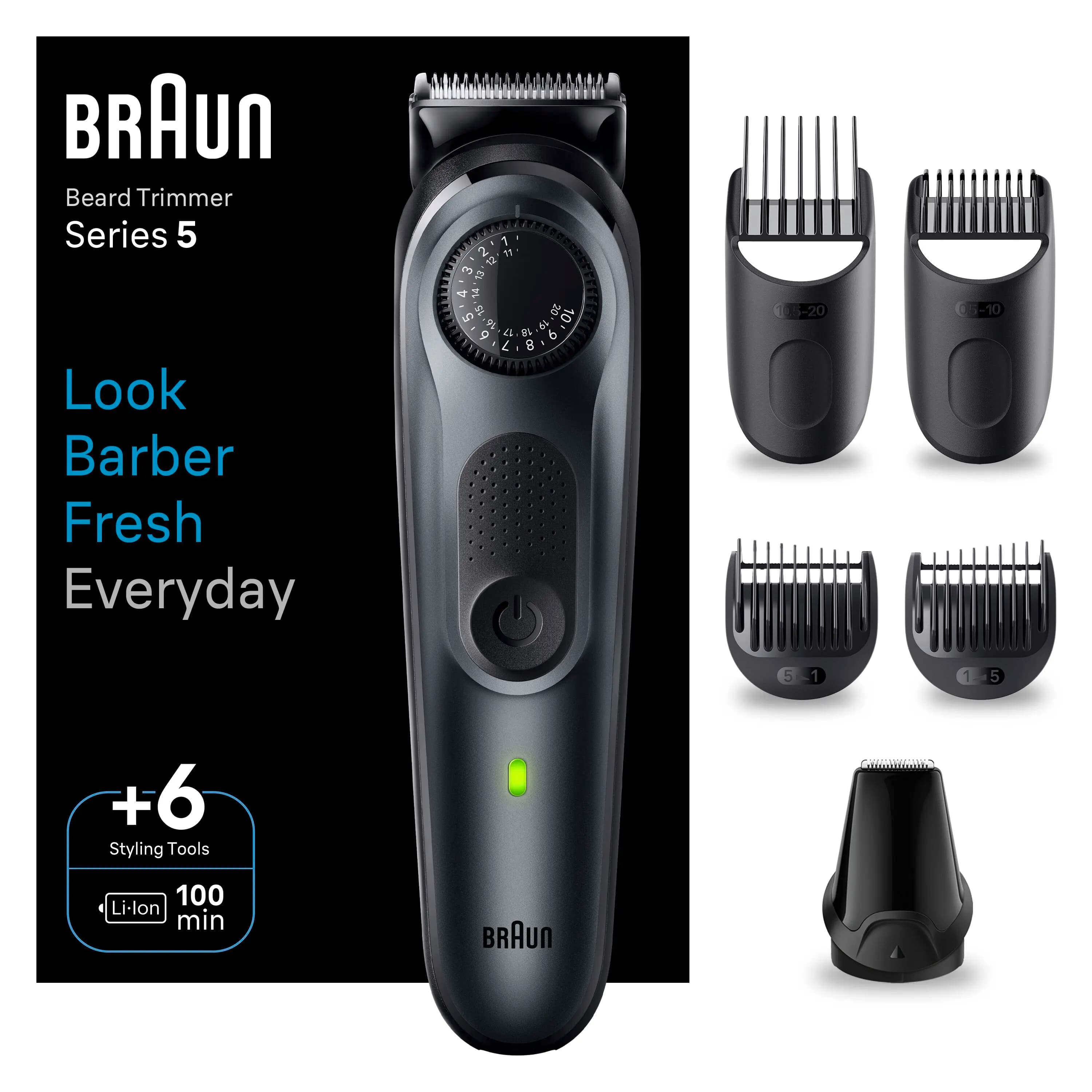 Braun Series 5, regolabarba con lama ultra-affilata, 40 impostazioni di lunghezza, autonomia senza fili di 120 minuti, custodia, accessori per