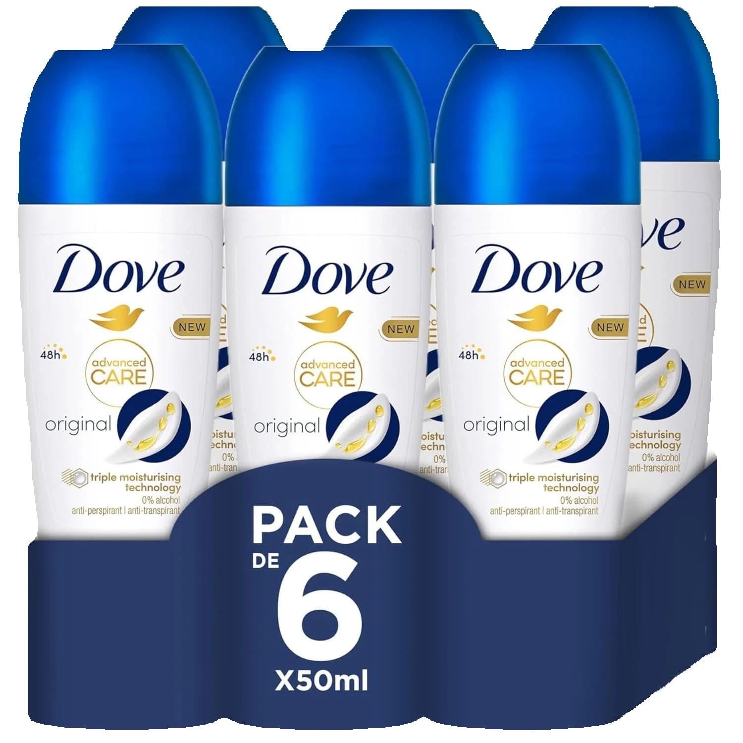 Dove Advanced Care Deodorante Roll-On Donna 48h Senza Alcol – Confezione da 6 × 50 ml