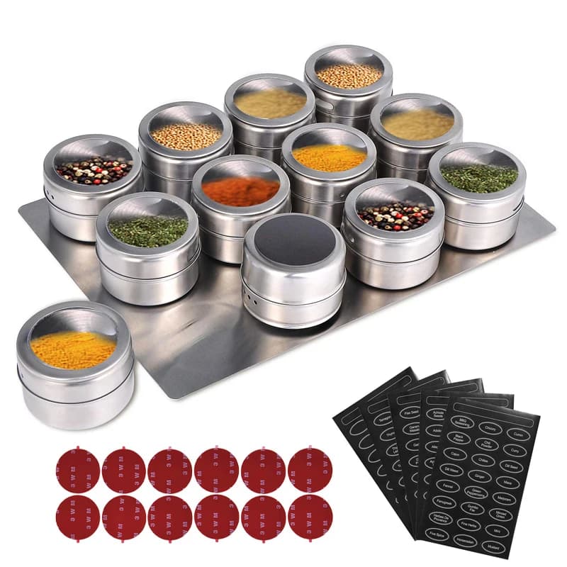 LMETJMA barattoli magnetici per spezie con Rack a parete barattoli per spezie in acciaio inossidabile contenitori per condimenti per spezie con