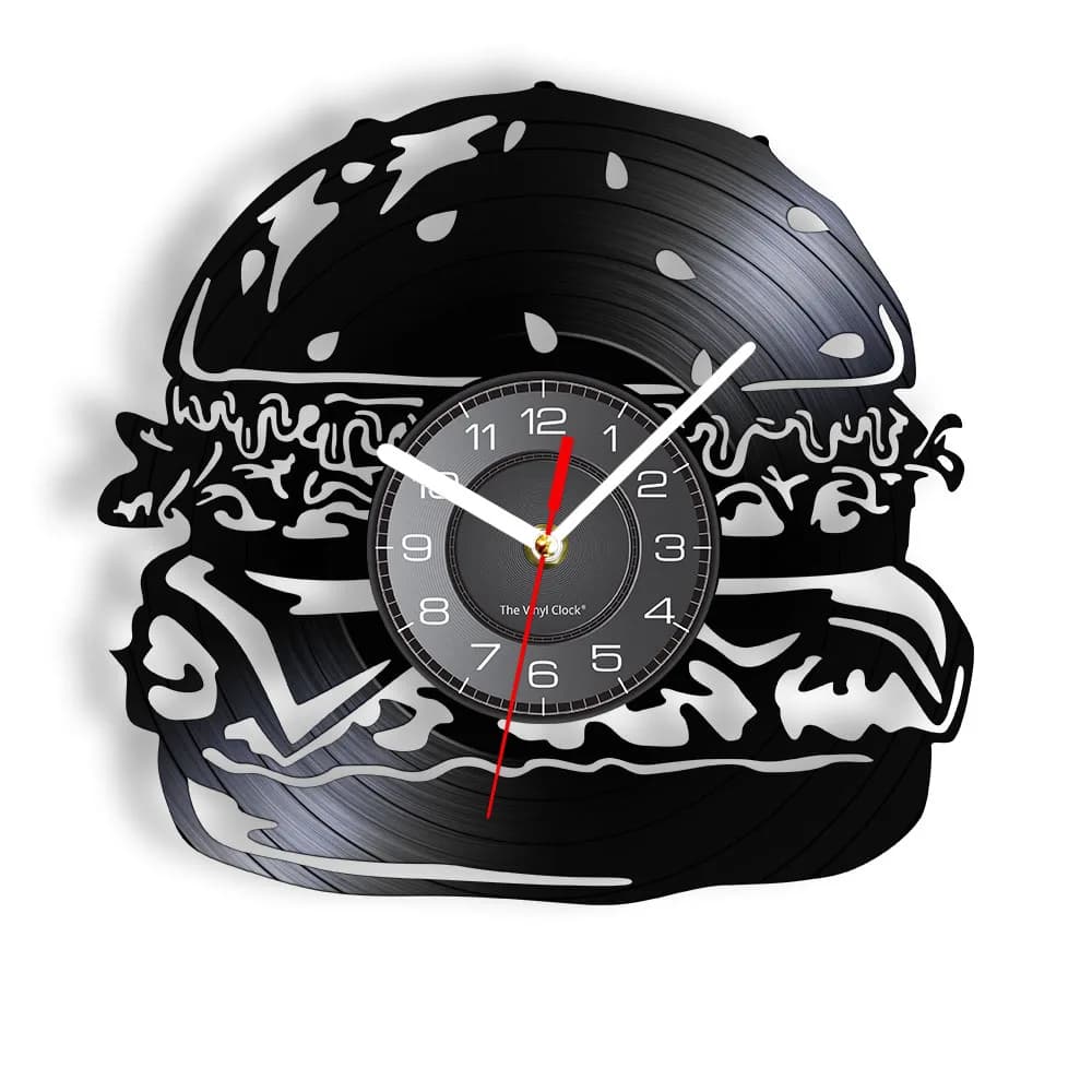 Hamburger Fast Food orologio da parete in vinile orologio da parete delizioso cibo ristorante Burger orologio Vintage opere d'arte per la decorazione