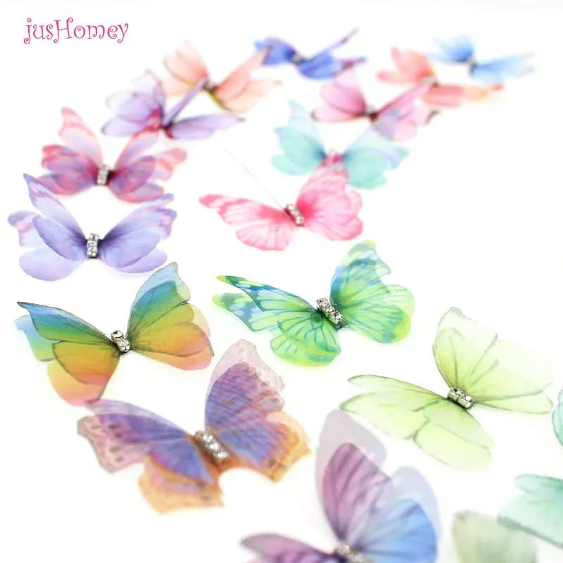 100PCS di Colore di Pendenza del Organza del Tessuto Farfalla Appliques Chiffon Traslucido Farfalla per la Decorazione Del Partito, Bambola