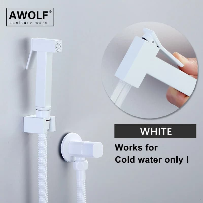 Doccetta Bidet Portatile Awolf Bianca in Ottone Massiccio, Set Doccia Igienico Design Quadrato, Rubinetto Bidet AP2289