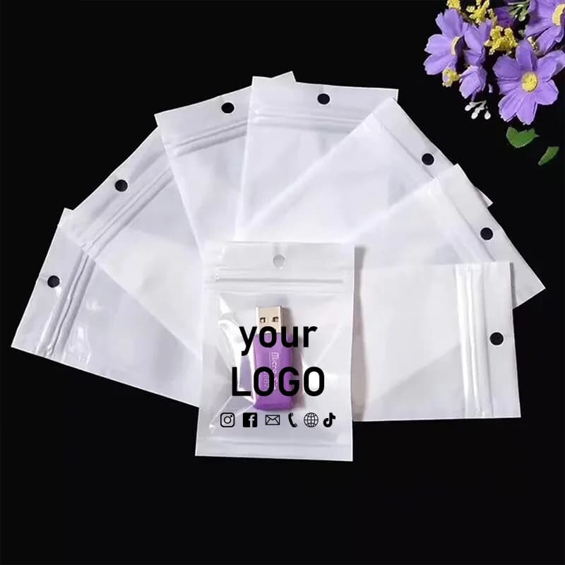 100 sacchetti a chiusura lampo con pellicola perlata bianca, piccoli sacchetti per imballaggio di accessori digitali traslucidi per prodotti, logo