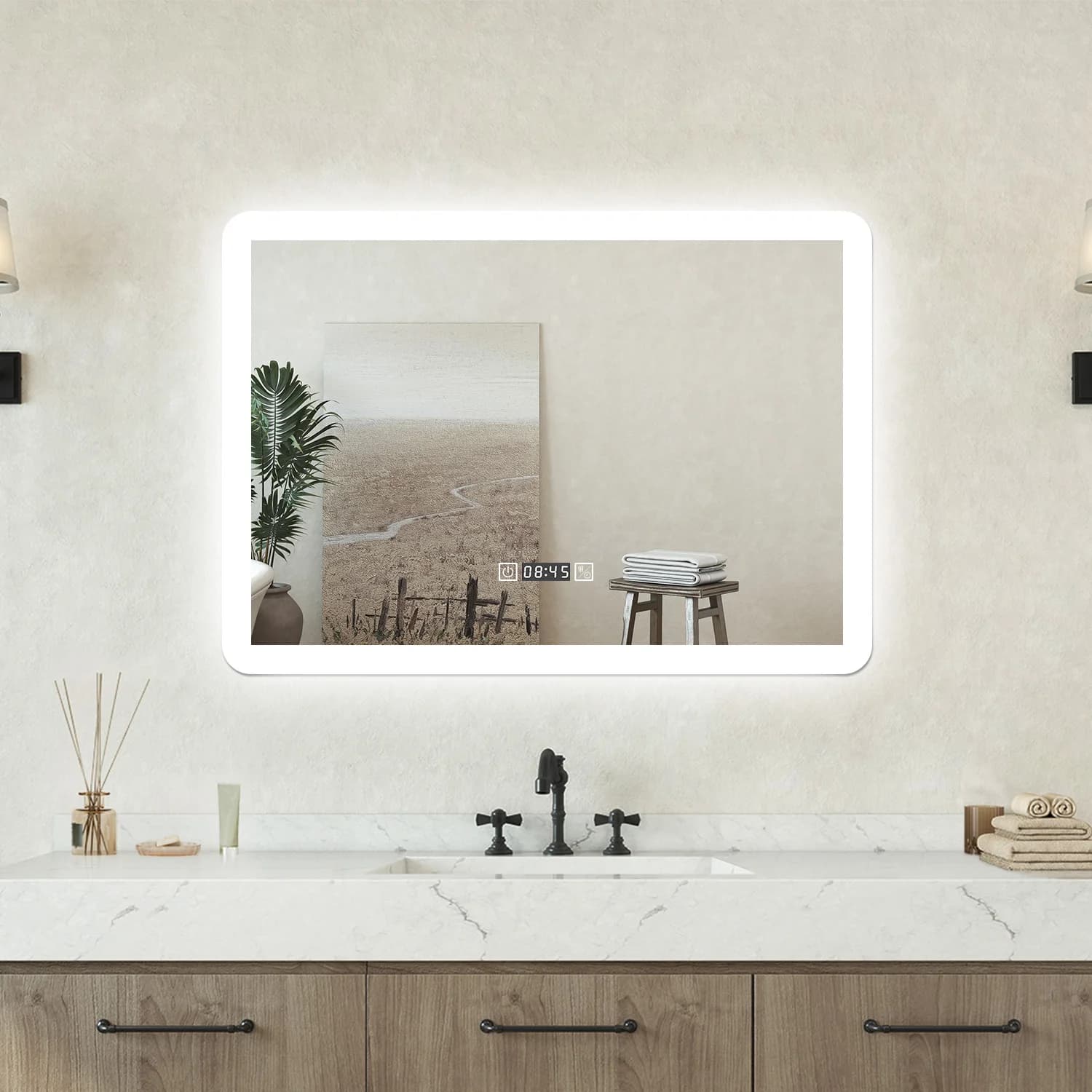 Specchio bagno Rettangolare 70-100cm Led Con 3 Luci + Orologio + Antiappannamento