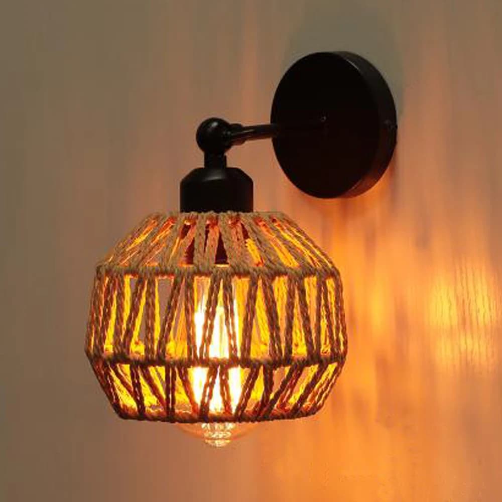 Lampada da parete in rattan Camera da letto Soggiorno Lampada da parete per corridoio E27 Lampada da comodino Retro Corda di canapa intrecciata Sconce