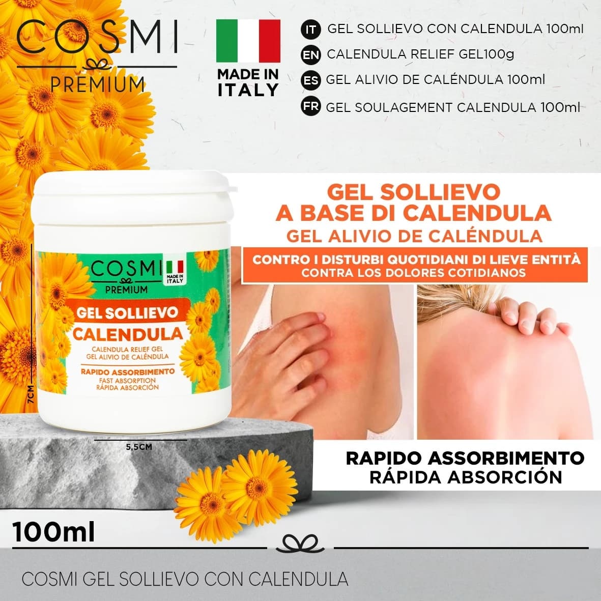 COSMI MADE IN ITALY.GEL BALSAMO SOLLIEVO CON CALENDULA, 100ML. IDEALE PER LA PROTEZIONE DELLE PELLI SECCHE, SCREPOLATE E FACILMENTE