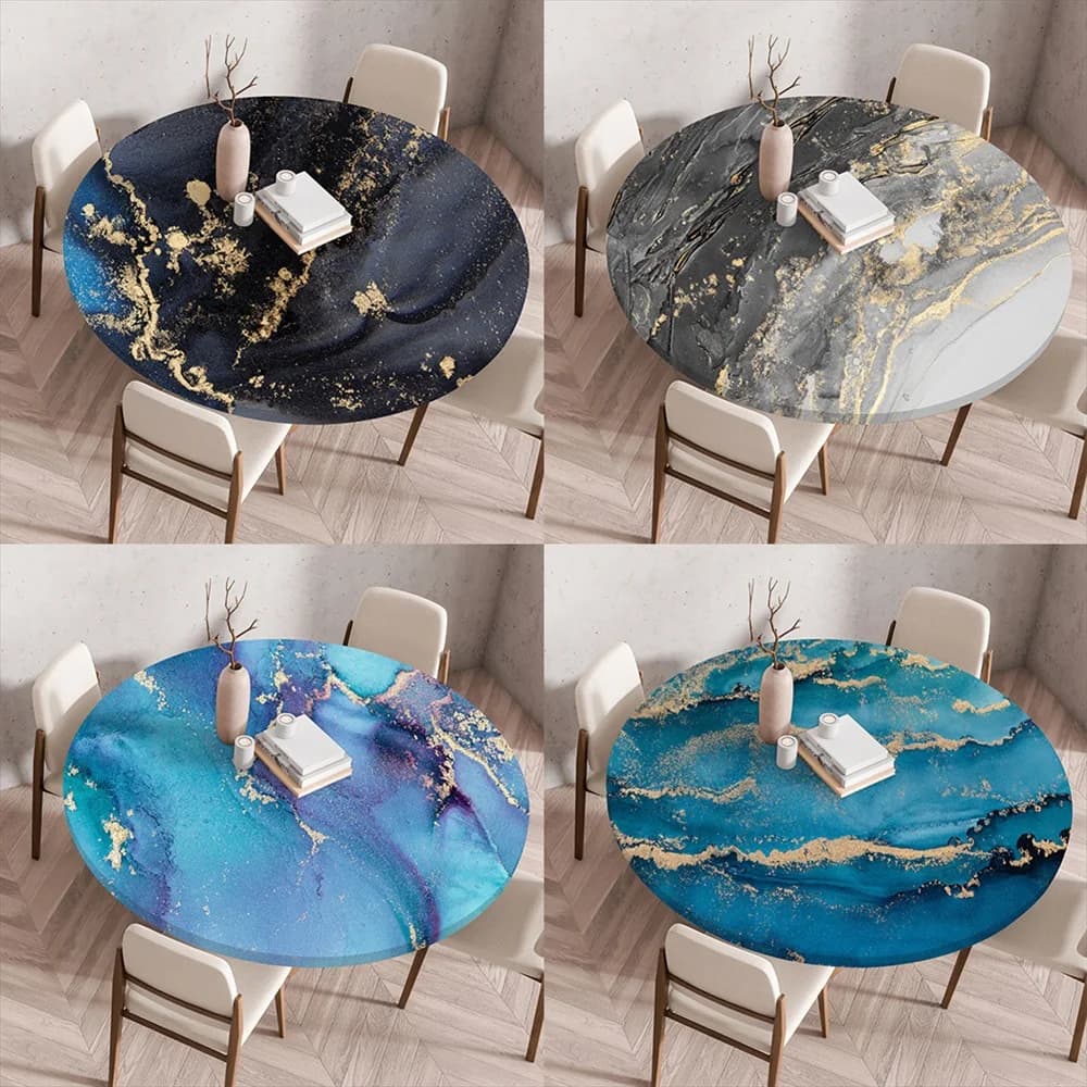 Marble Honeycomb Texture Black Grey Round Waterproof Tablecloth Home Decorative Table Cover Party Wedding Dining Table Cloth