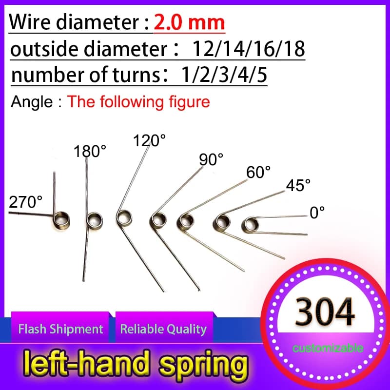 5 PZ Diametro del Filo 2.0mm Molla di Rotazione Sinistra Molla di Torsione sinistra Ritorno E Reset Molla a forma di V laps1/2/3/4/5lap 304SUS
