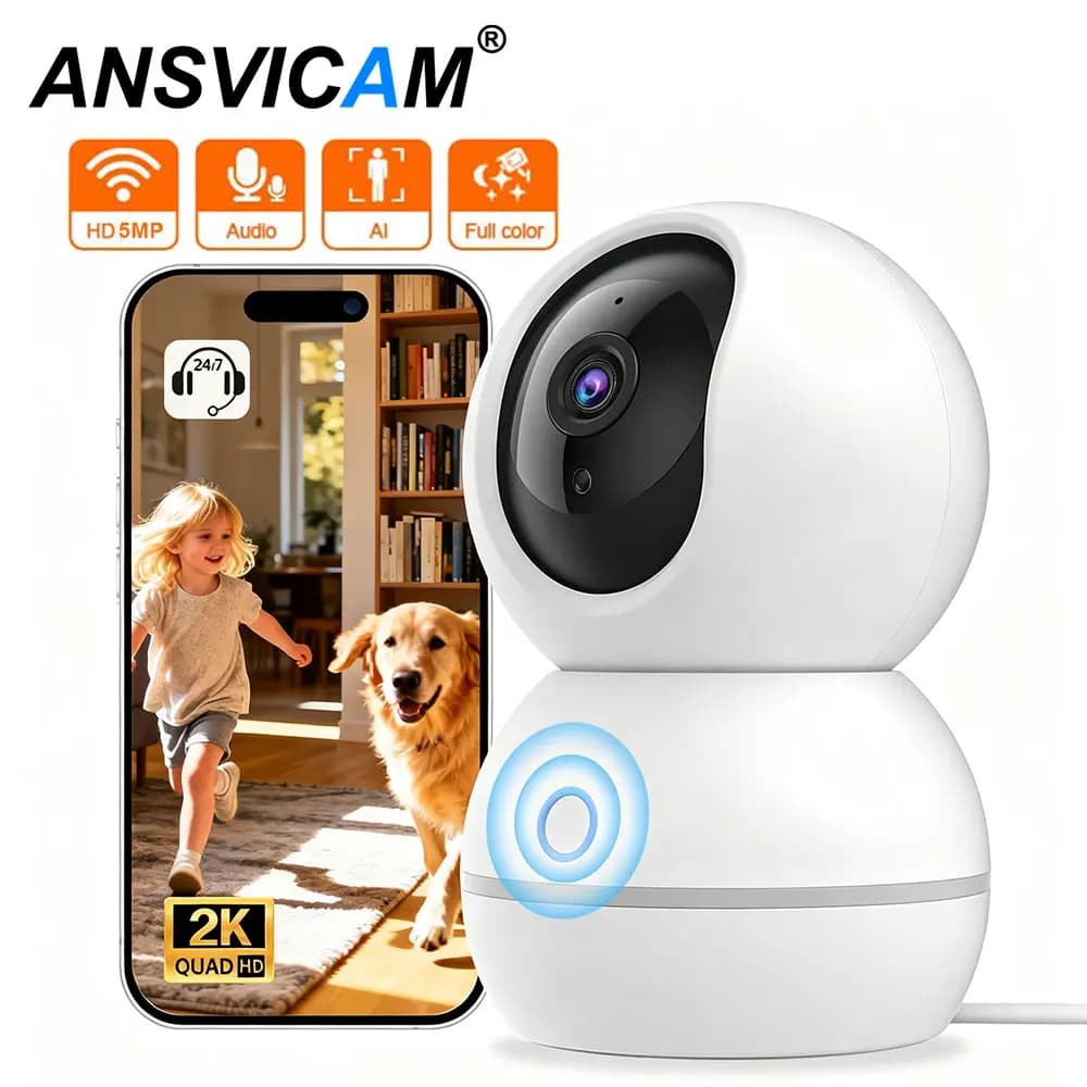 Telecamera WiFi 2K per Interni, Monitor per Bambini 5MP, Comunicazione Bidirezionale, Zoom 4X, PTZ 360° °   Telecamera di Sorveglianza con Supporto
