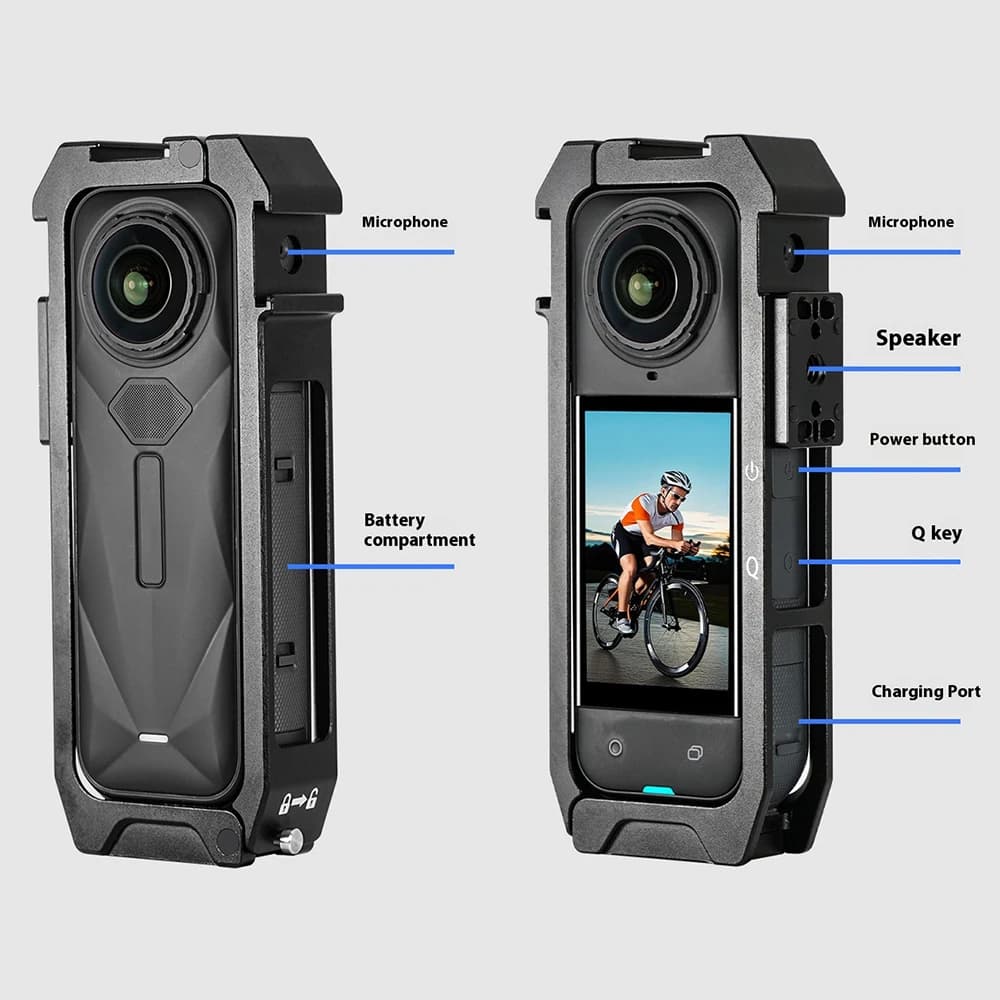 riprese orizzontali e verticali della telecamera panoramica Insta 360 X5 con telaio di protezione dell'espansione magnetica a sgancio rapido