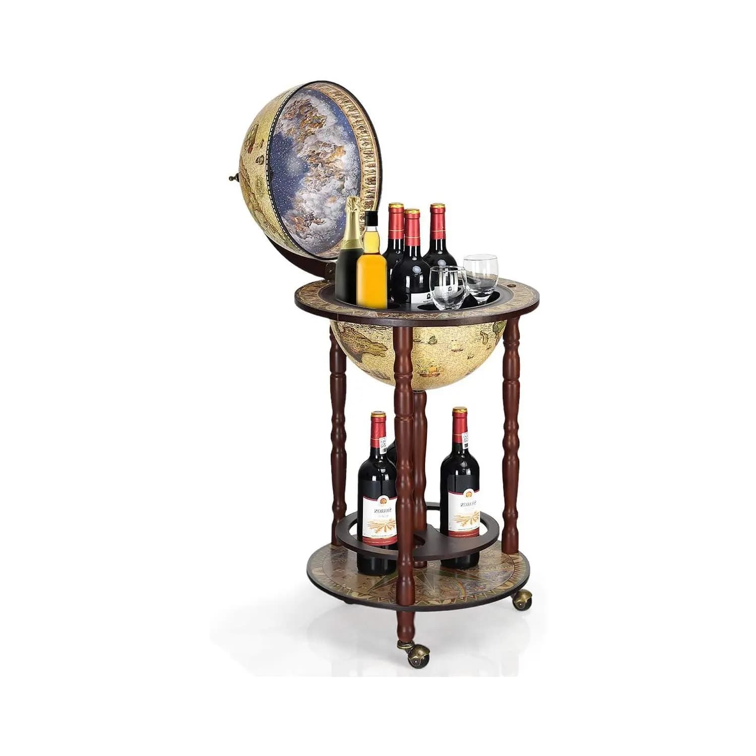 Globe Bar in legno di eucalipto, supporto per vino globo in legno, montato su ruote, stile antico, muslimah, bianco