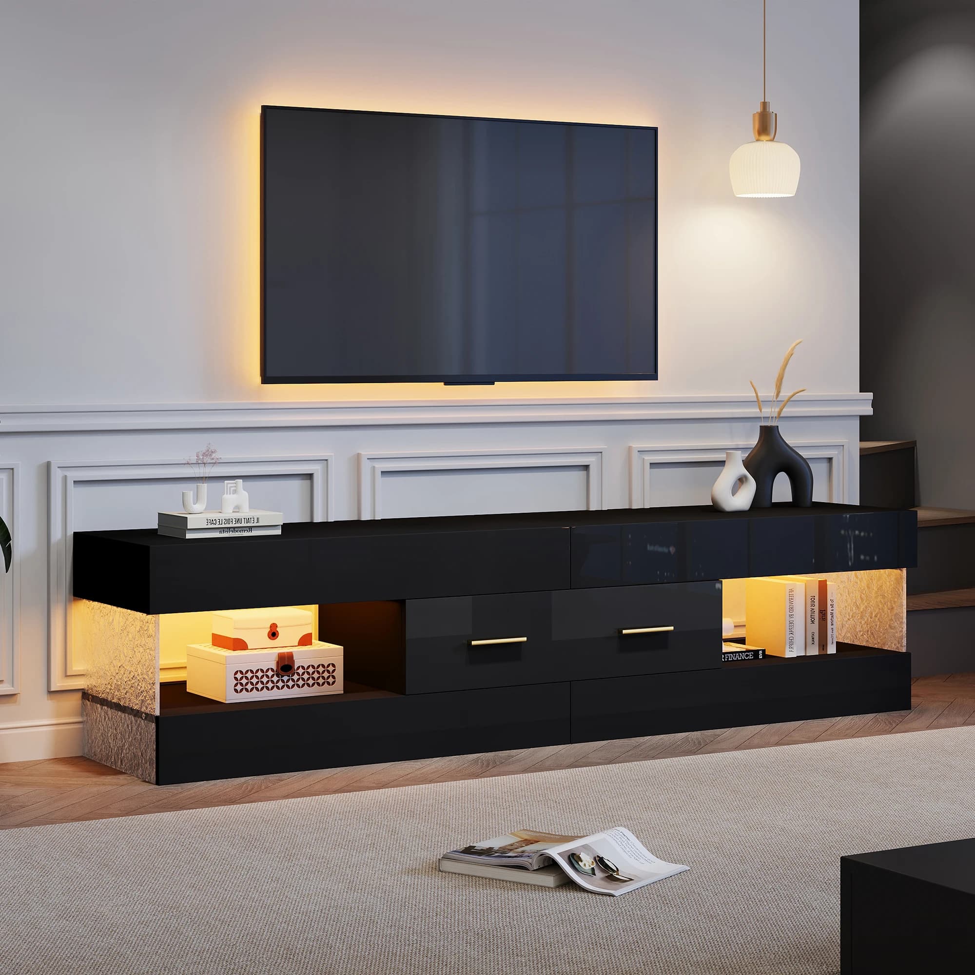Mobile TV LED Moderno, 152x35x40cm Nero Lucido con Pannelli in Vetro Acrilico, Ripiani Aperti e 2 Cassetti, Mobile Basso per Soggiorno, Adatto a TV