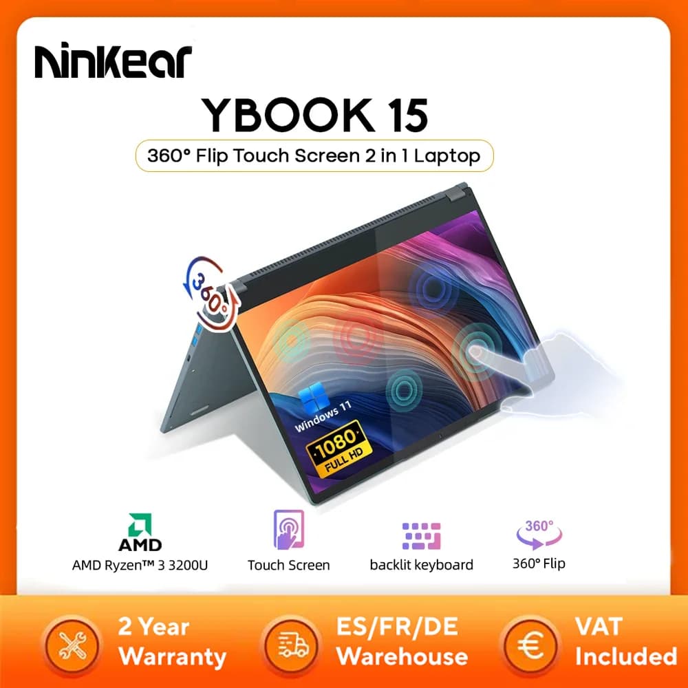 Laptop Ninkear YBOOK15 2 in 1 360 °   flip Tavoletta touch screen FHD IPS da 15,6' AMD Ryzen ™   3 SSD Windows 11 Pro 3200U 16G DDR4+512 GB