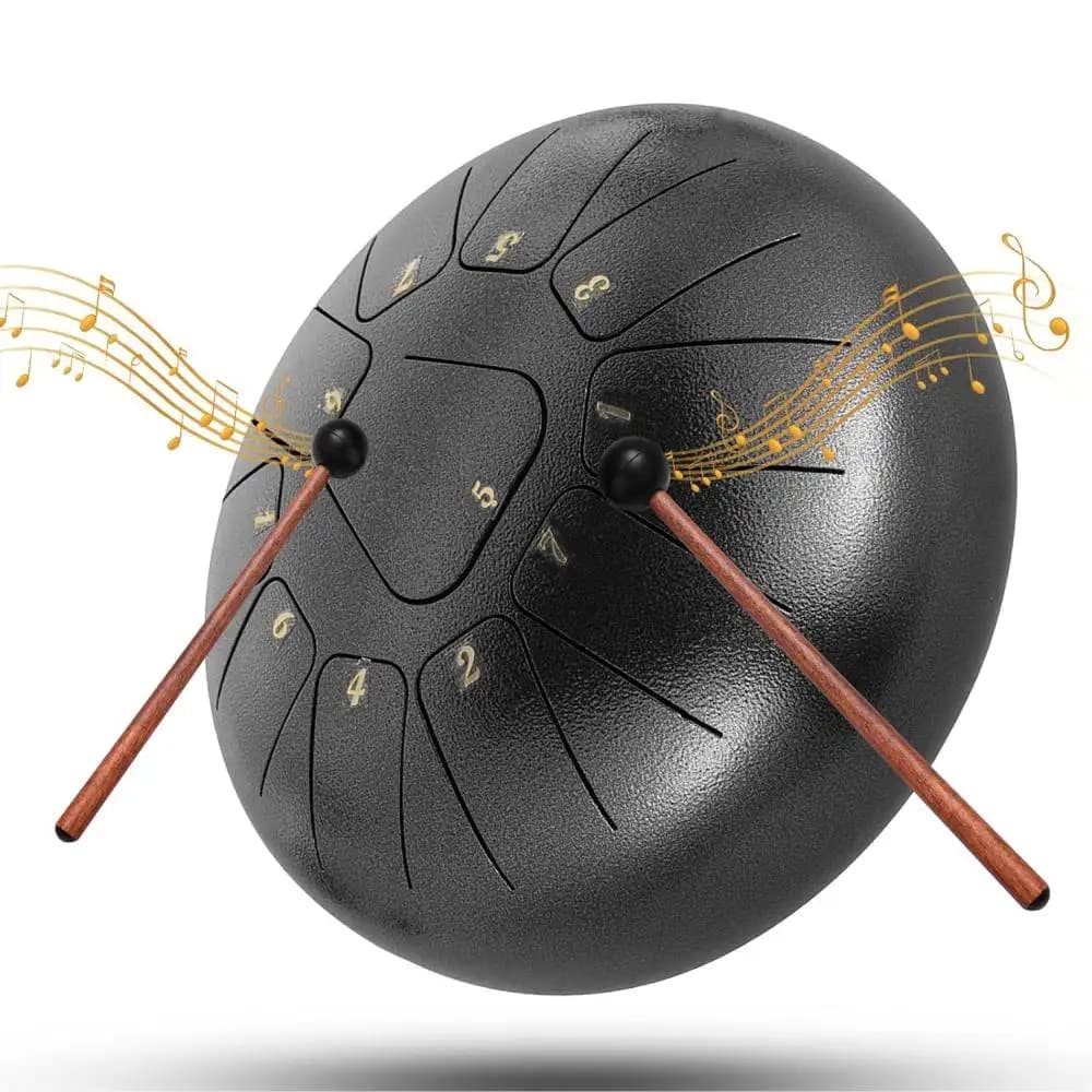Tamburo a Pioggia 10 Pollici 11 Note, Strumento Musicale Steel Tongue Drum, Set con Bacchette e Supporto per Meditazione, Yoga e Musica