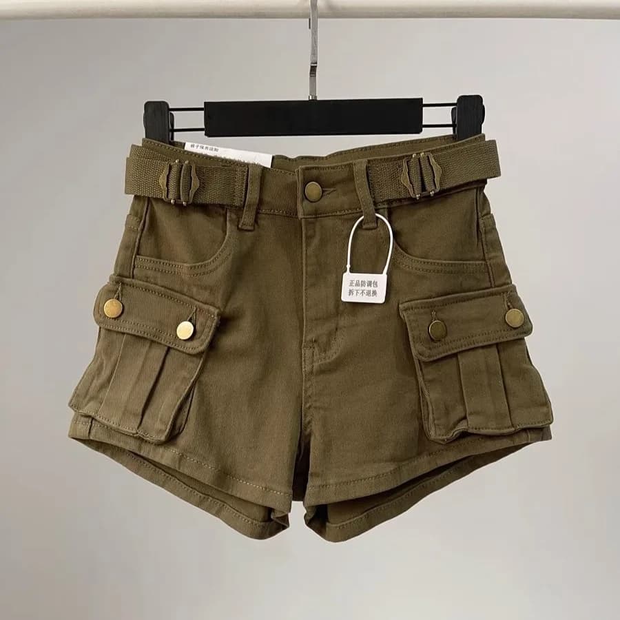 Shorts in Denim da Donna, Cargo Tinta Unita, Mini Lunghezza con Bottoni e Tasche, Chiusura con Zip, Vita Alta, Vestibilità Comoda, Stile Streetwear