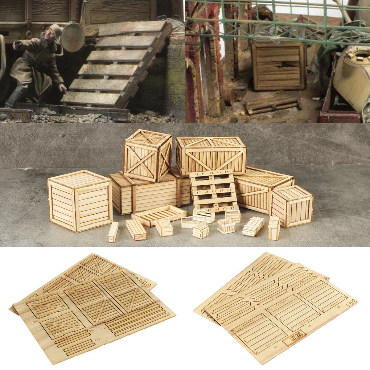 Kit modello in scala 1/35 in legno, cassa di legno, scatola oblunga, scatola quadrata, cesto, baule per munizioni, pallet per carico, modelli di