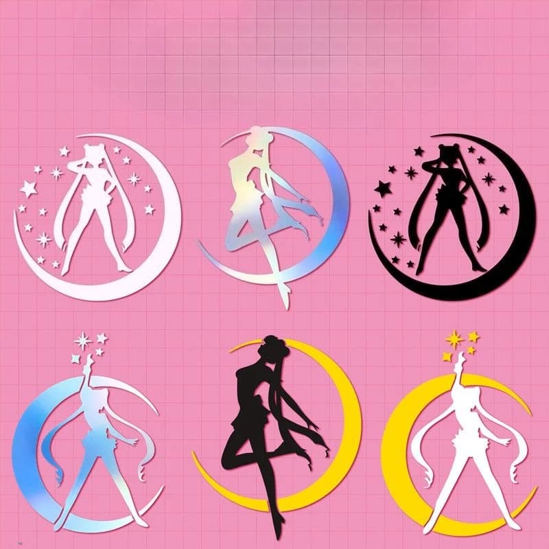 "Anime Car Stickers: Sailor Moon Silhouette Decals with Moon Prism Design - Waterproof Vinyl for Cars & E-Bikes"