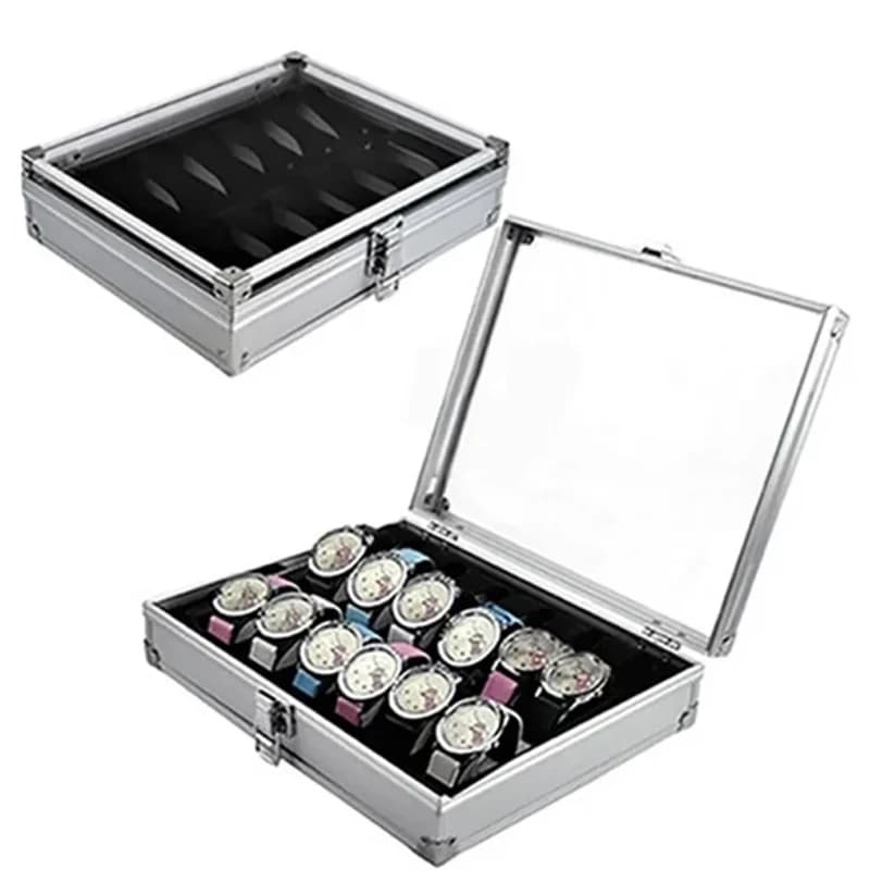 Scatola Porta Orologi in Alluminio con 12 Scomparti, Espositore per Gioielli, Interno in Camoscio, Porta Orologi Rettangolare per Organizzazione