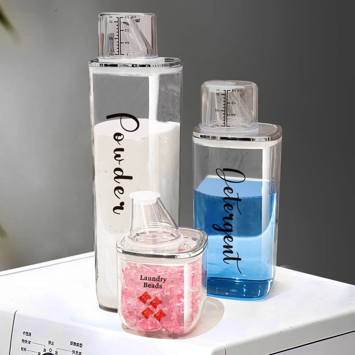 Dispenser di detersivo per bucato dritto con etichette Orgnizzazione del lavanderia per barattoli dispenser per ammorbidente in polveri di Luandry