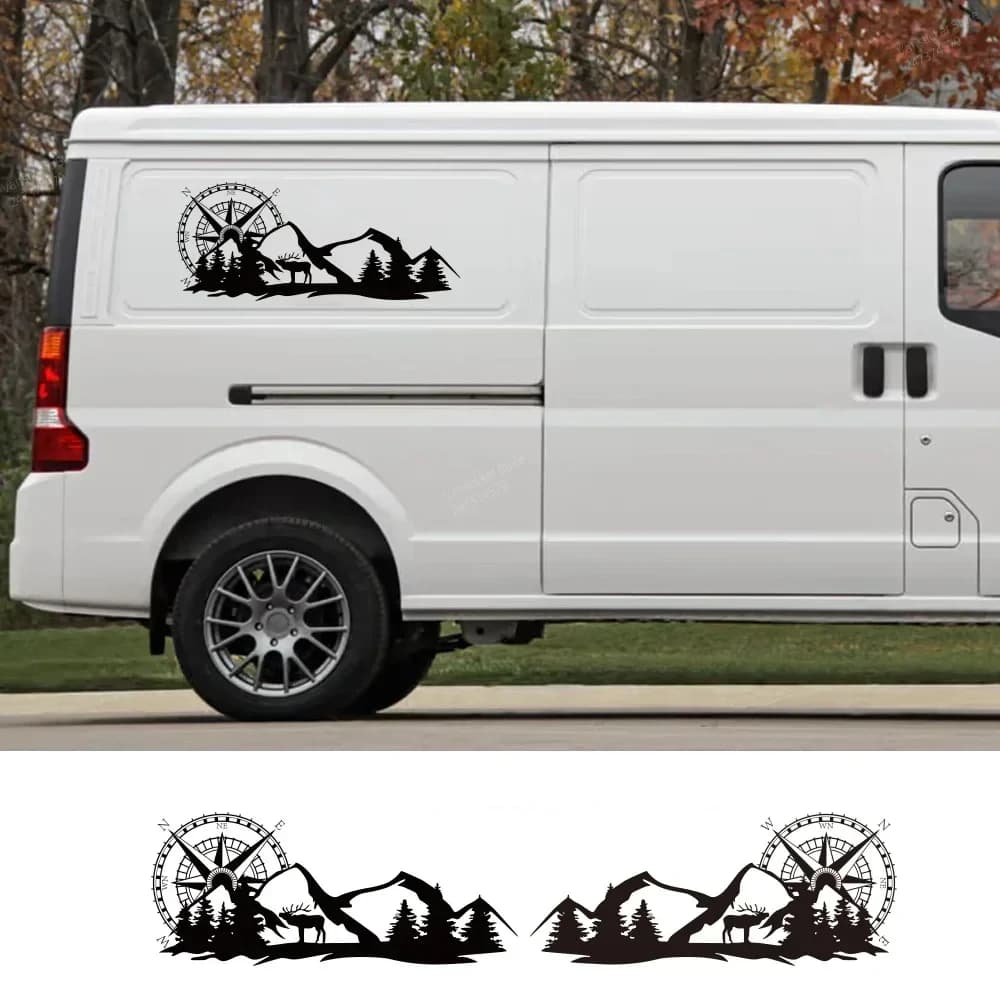 2 Adesivi per Carrozzeria Auto con Grafica Montagna per Camper, Caravan, Roulotte, Furgone, Decorazione in Vinile, Accessori