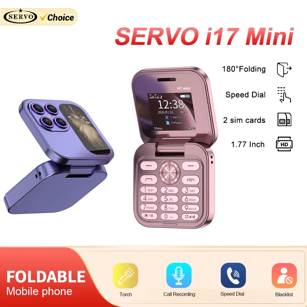 SERVO I17 Mini Telefono Cellulare Pieghevole GSM 2 SIM Magic Voice Radio FM Blacklist Type-C Schermo da 1.77' Piccoli Telefoni Flip
